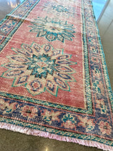 Load image into Gallery viewer, Vintage Raspberry and Aqua Turkish Rug Runner