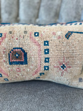 Load image into Gallery viewer, Vintage Tan, Navy and Pink Rug Pillow