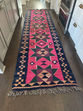 Load image into Gallery viewer, Vintage Turkish Kilim Pink and Navy Star Runner Rug