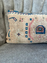 Load image into Gallery viewer, Vintage Tan, Navy and Pink Rug Pillow