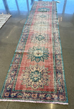 Load image into Gallery viewer, Vintage Raspberry and Aqua Turkish Rug Runner