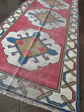 Load image into Gallery viewer, Vintage Mulberry Pink, Blue and Olive Turkish Runner Rug