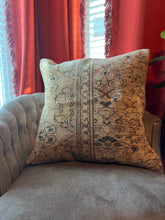 Load image into Gallery viewer, Turkish Ecru, Navy and Lavendar Pink Rug Pillow