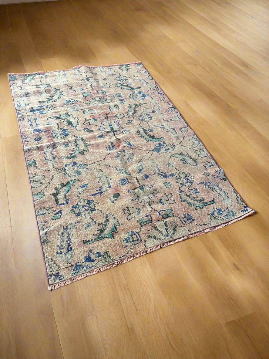 Vintage Turkish Blush and Blue Accent Rug