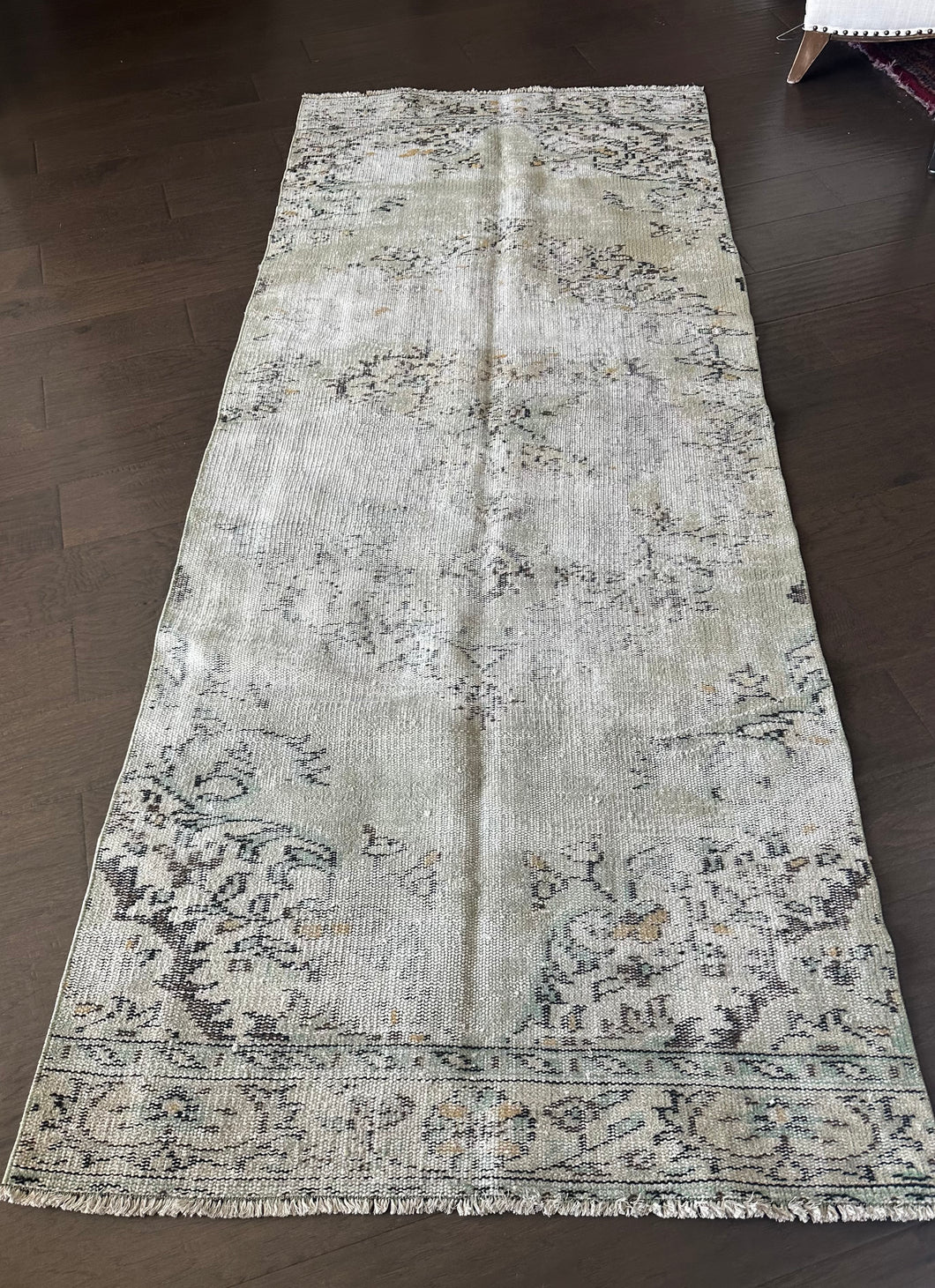 Vintage Turkish Faded Neutral Green and Yellow Runner Rug