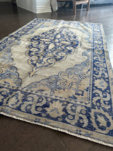 Load image into Gallery viewer, Vintage Ecru and Shades of Blue Turkish Accent Rug
