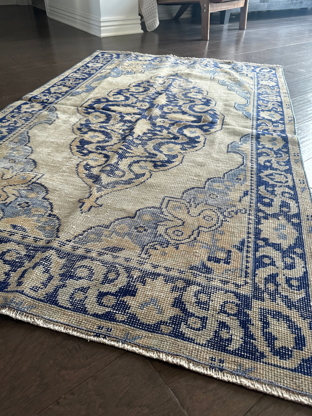 Vintage Ecru and Shades of Blue Turkish Accent Rug