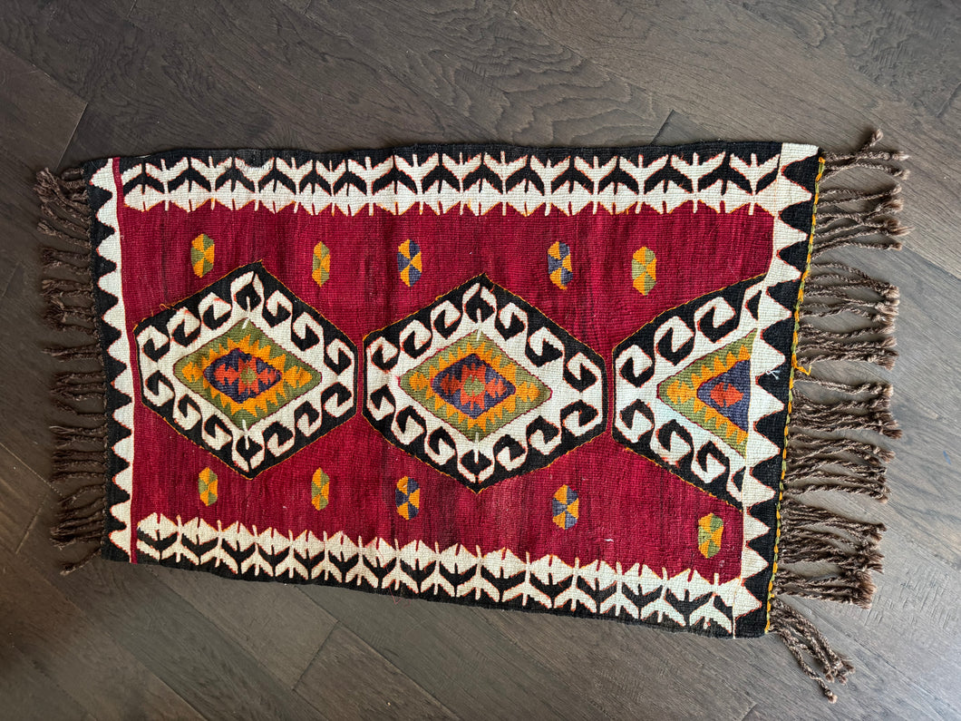 Vintage Turkish Red, Black and White Kilim Accent Rug