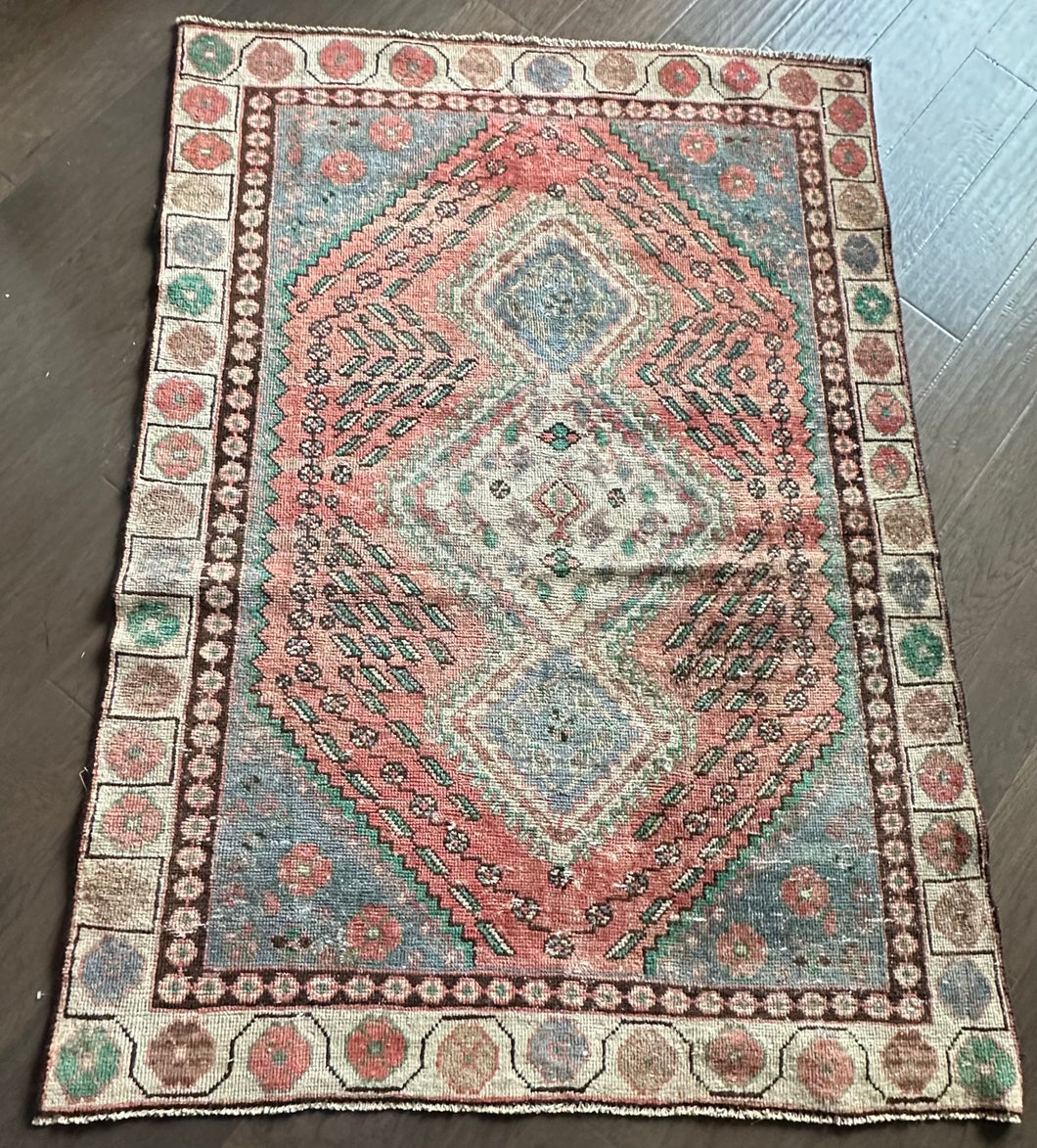 Vintage Pink and Blue Geometric Turkish Accent Rug