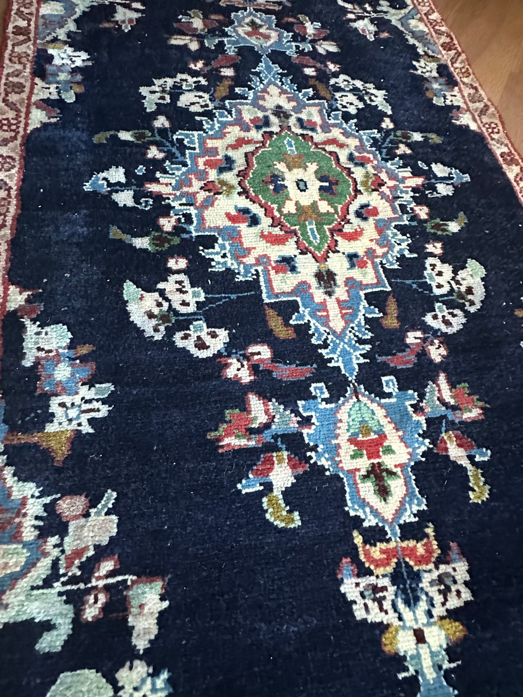 Vintage Turkish Navy and Tan Accent Rug