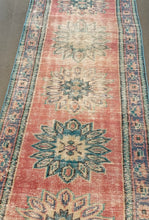 Load image into Gallery viewer, Vintage Raspberry and Aqua Turkish Rug Runner

