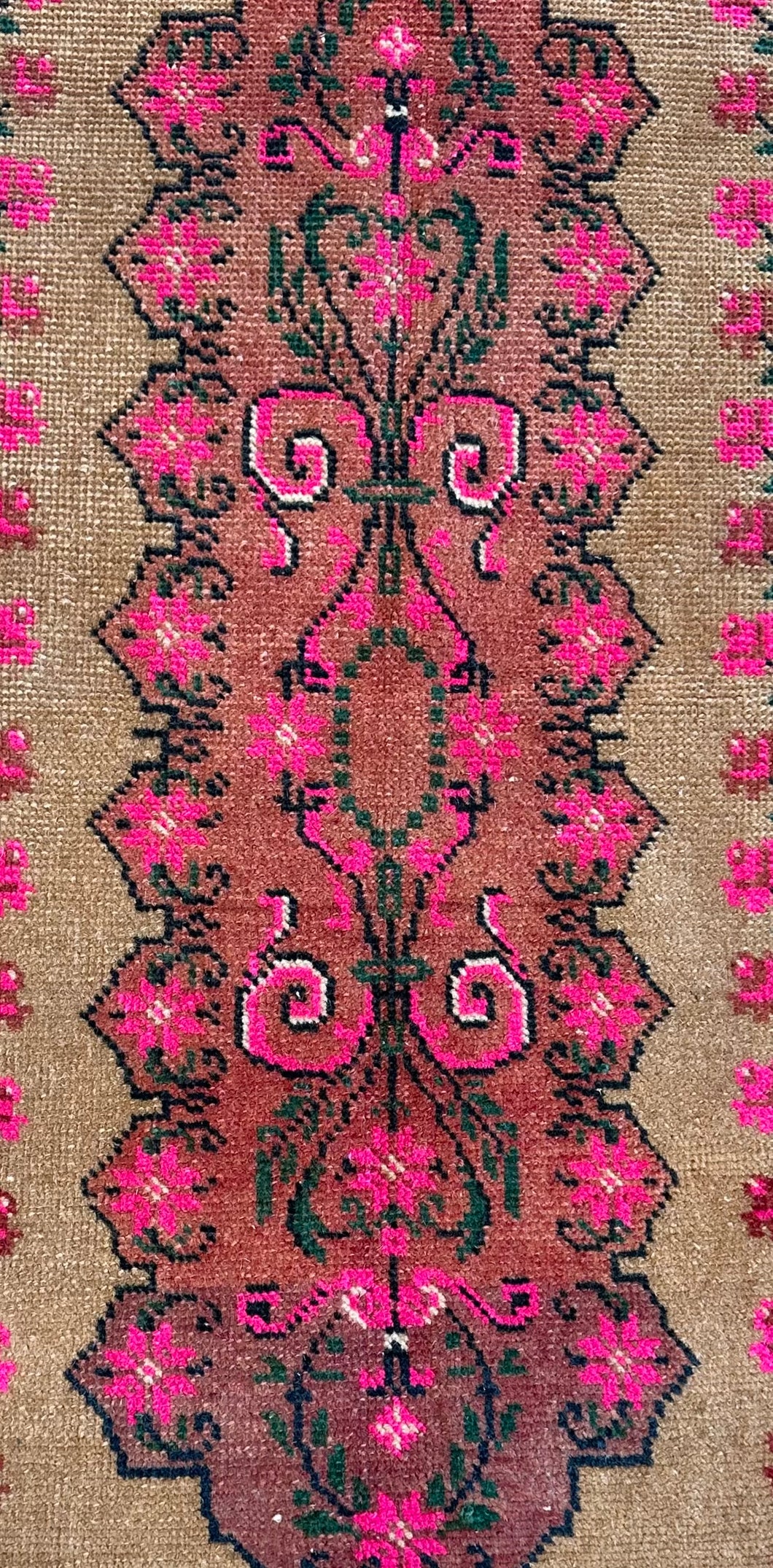Vintage Tan and Pink Turkish Ruggie Rug