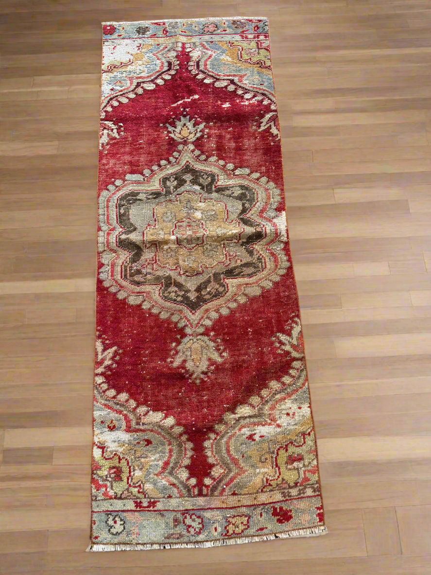 Vintage Turkish Maroon Mini Runner Rug