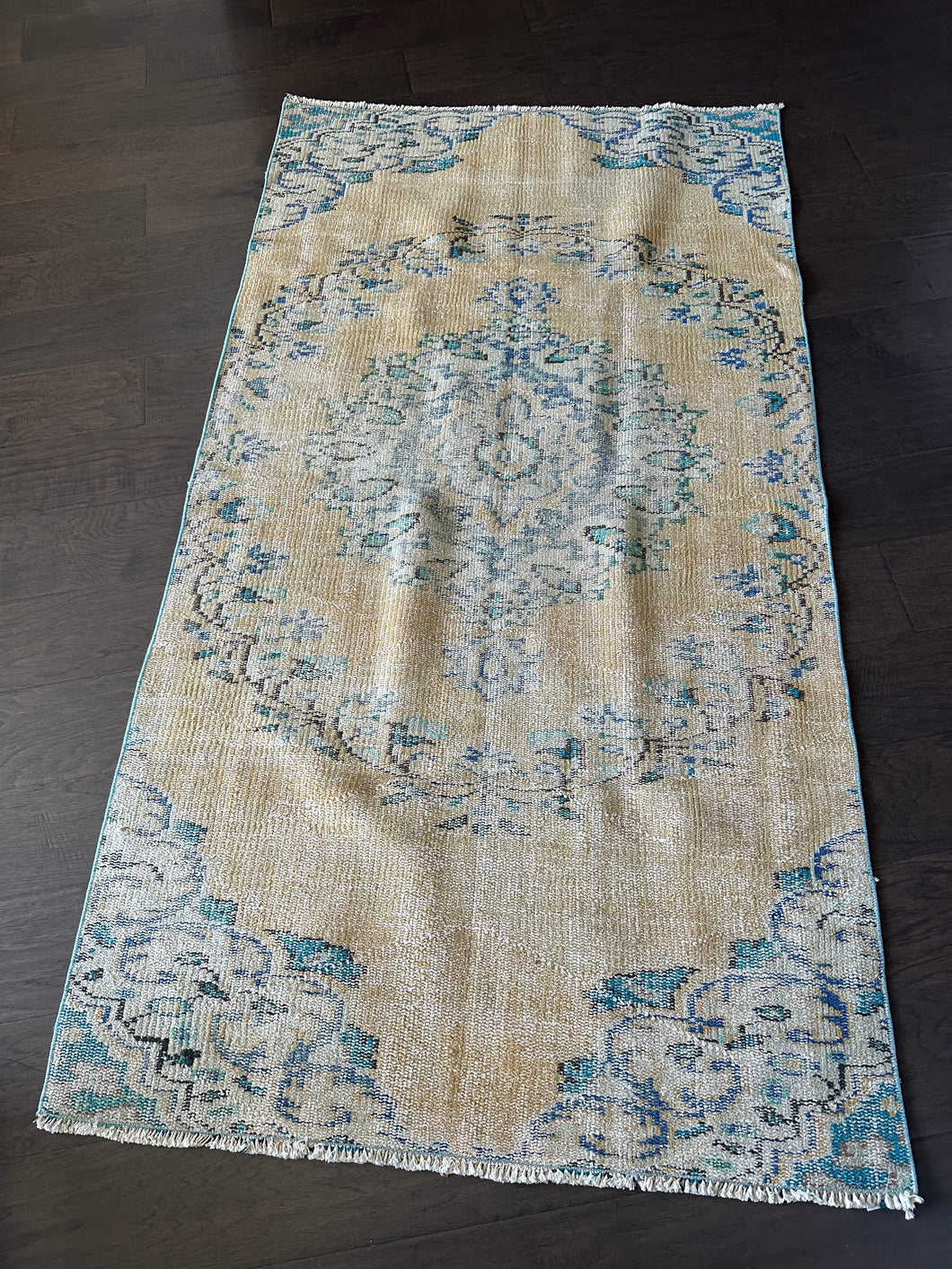 Vintage Turkish Yellow and aqua Runner Rug