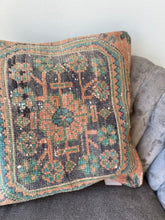 Load image into Gallery viewer, Vintage Orange and Navy Tile Turkish Rug Pillow
