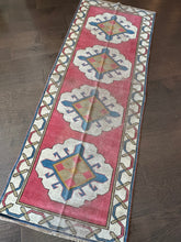 Load image into Gallery viewer, Vintage Mulberry Pink, Blue and Olive Turkish Runner Rug

