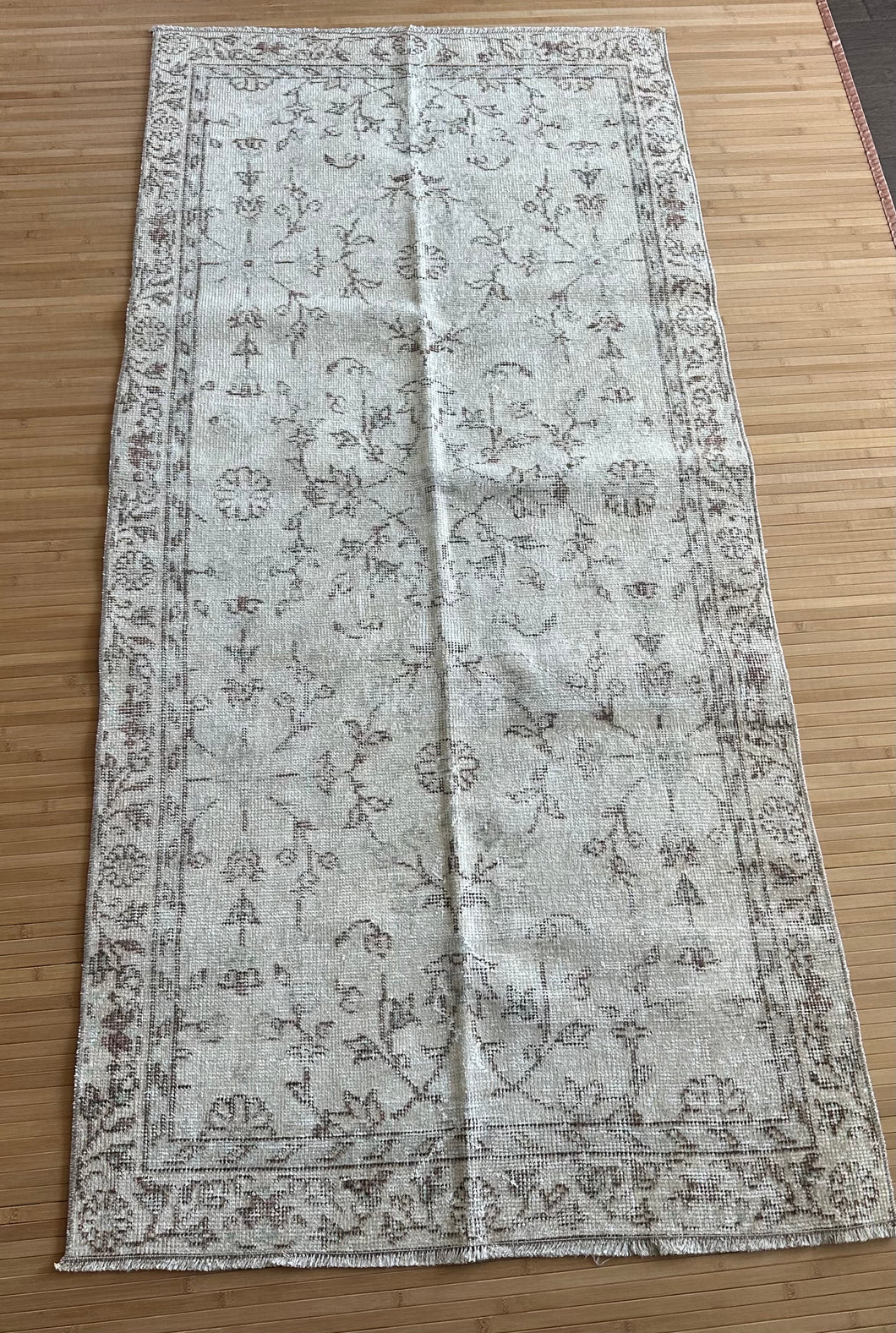 Vintage Turkish Faded Neutral and Green Runner Rug