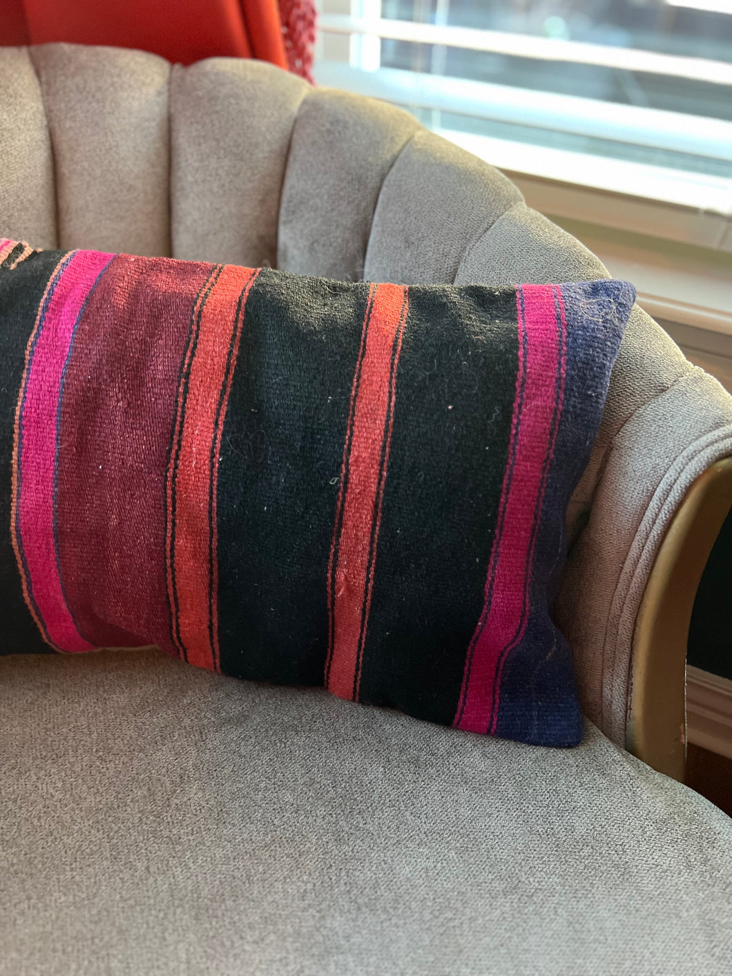 Turkish Black, Orange, Red and Pink Striped Rug Pillow