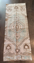 Load image into Gallery viewer, Vintage Turkish Faded Teal and Cocoa Runner Rug
