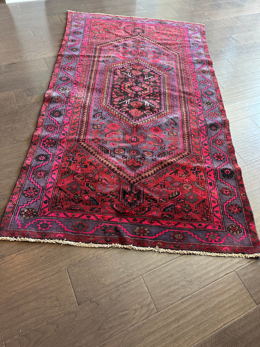 Vintage Red, Gray and Hot Pink Turkish Area Rug