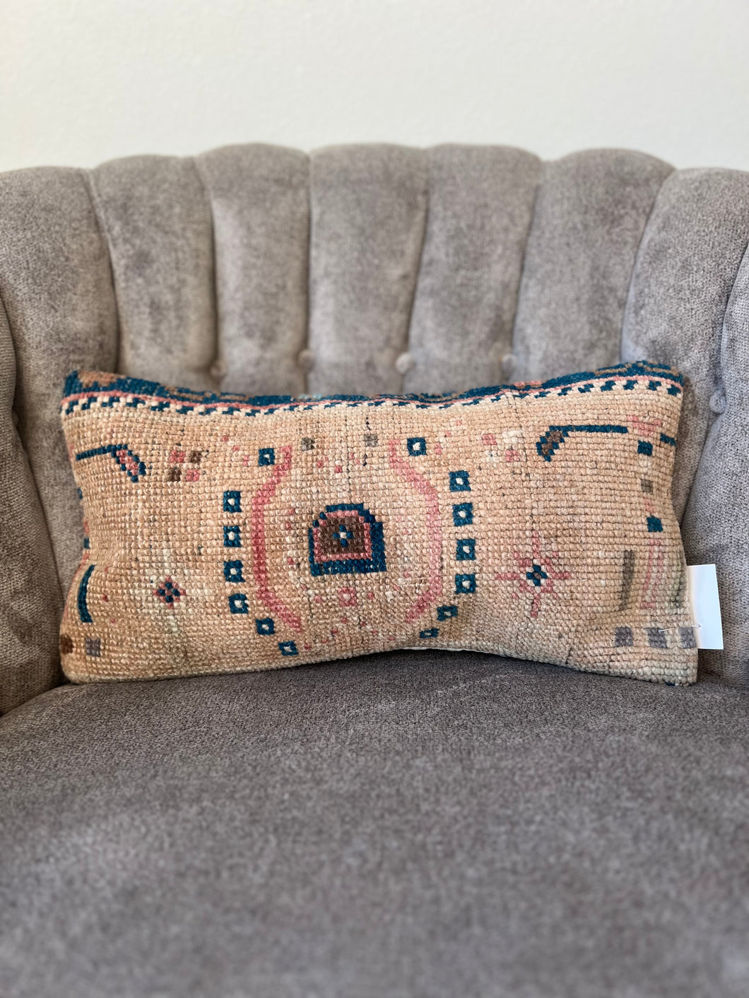 Vintage Tan, Navy and Pink Rug Pillow