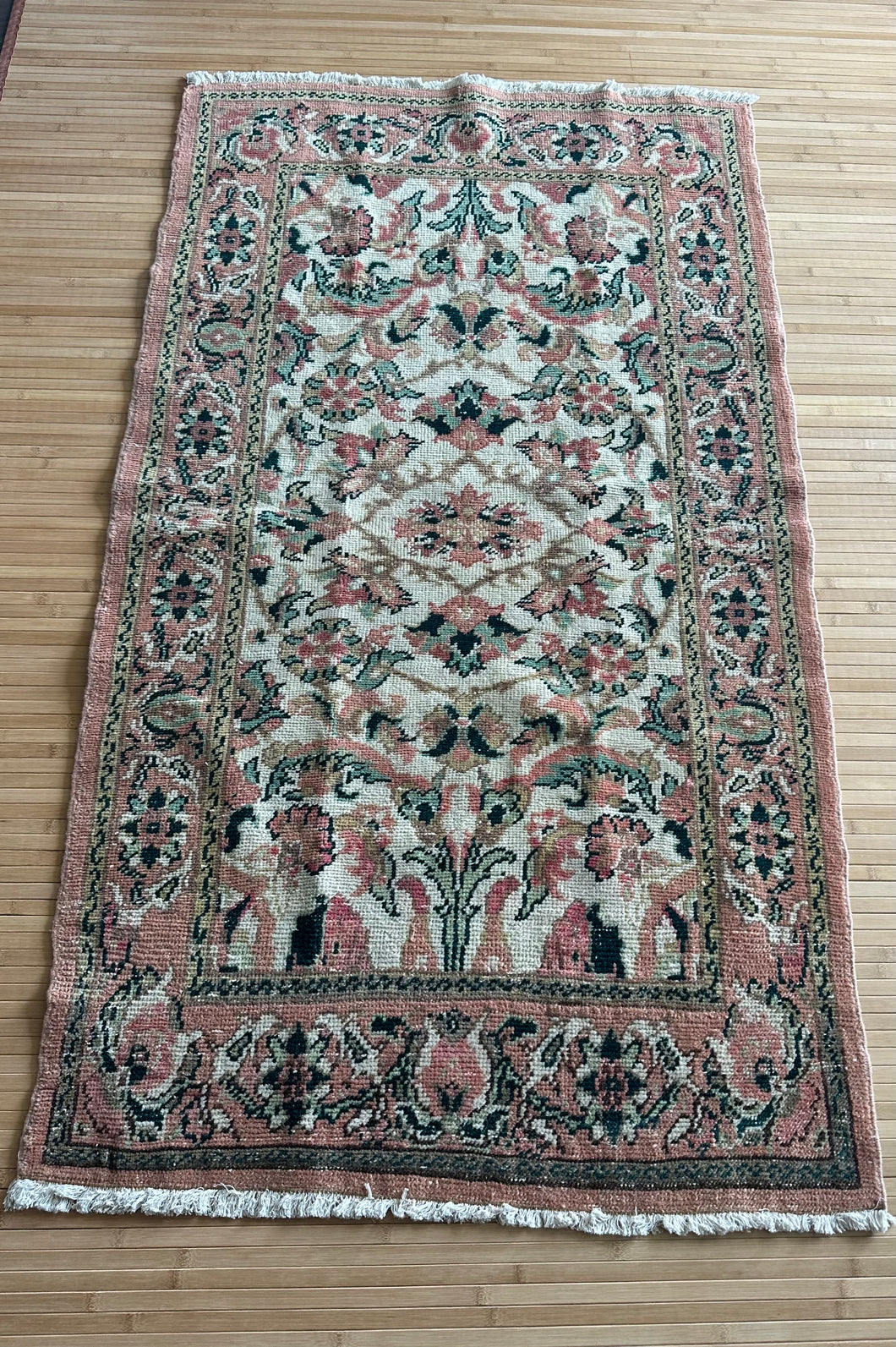 Vintage Turkish Salmon, Pink and Green Accent Rug