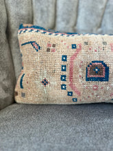 Load image into Gallery viewer, Vintage Tan, Navy and Pink Rug Pillow
