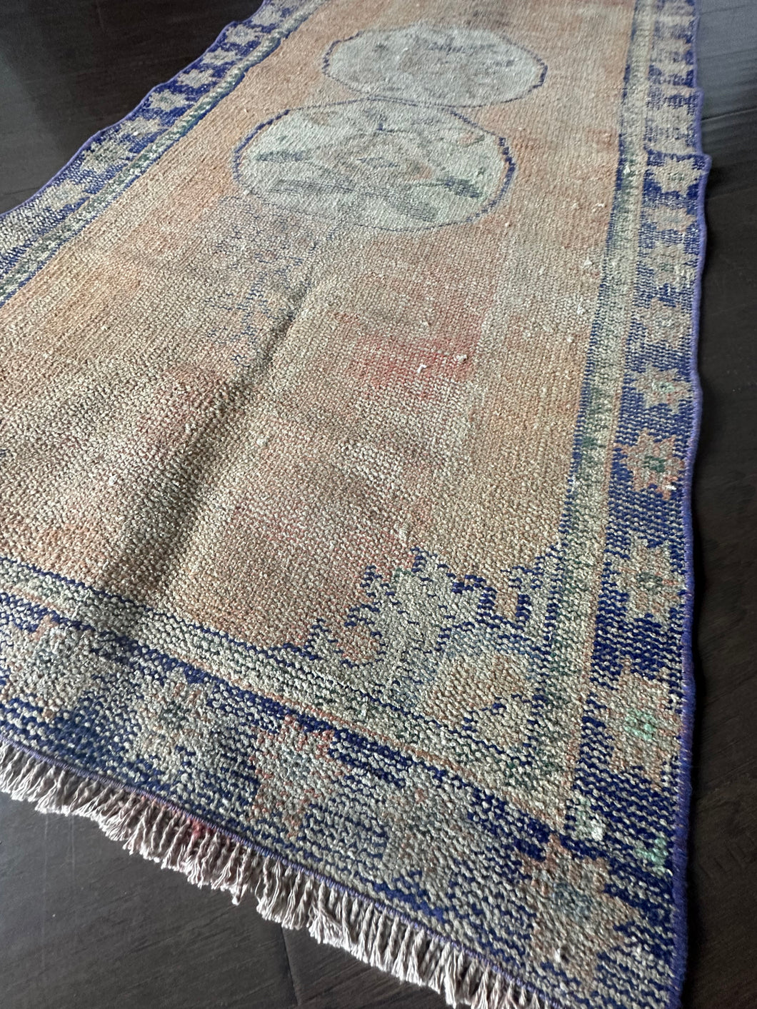Vintage Faded Blue and Coral Turkish Mini Runner Rug