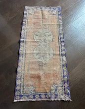 Load image into Gallery viewer, Vintage Faded Blue and Coral Turkish Mini Runner Rug
