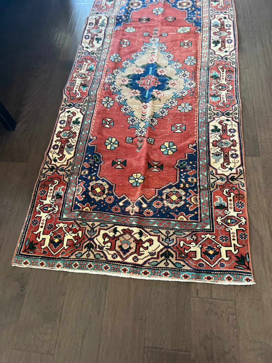 Vintage Turkish Brick and Navy Runner Rug