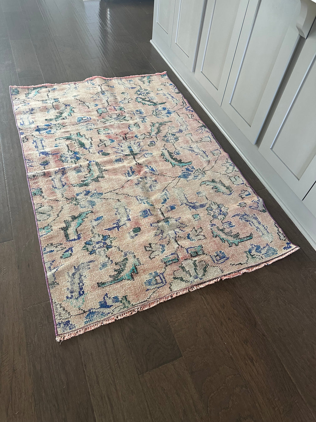 Vintage Turkish Blush and Blue Accent Rug