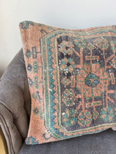 Load image into Gallery viewer, Vintage Orange and Navy Tile Turkish Rug Pillow
