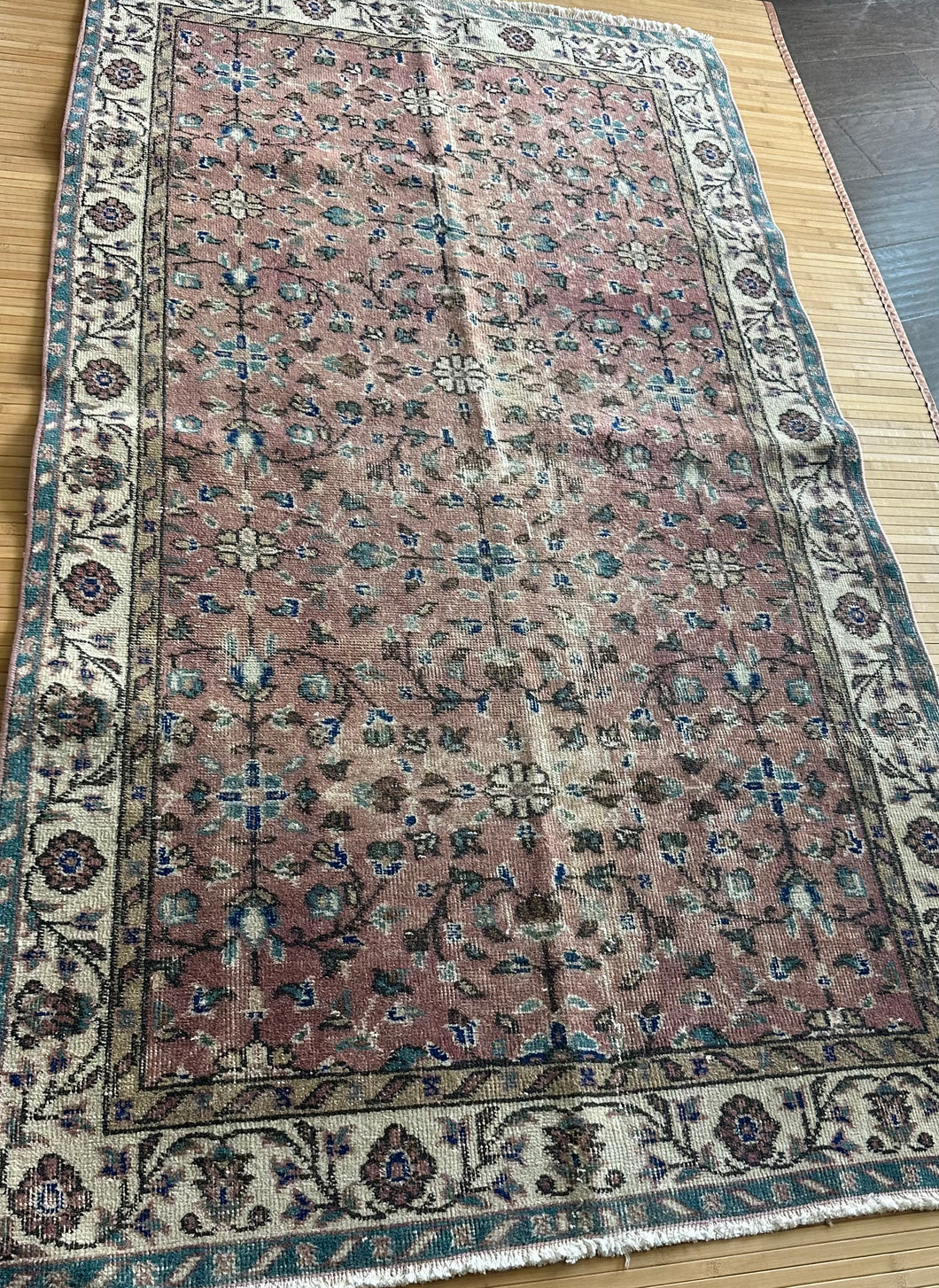 Vintage Turkish Mulberry and Teal Area Rug