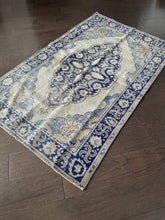 Load image into Gallery viewer, Vintage Ecru and Shades of Blue Turkish Accent Rug
