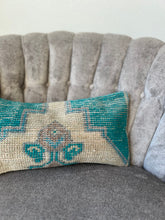 Load image into Gallery viewer, Vintage Turquoise and Tan Rug Pillow
