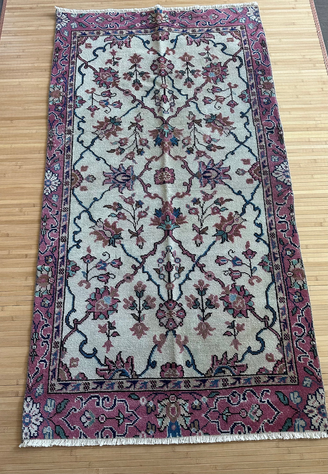 Vintage Turkish Raspberry and Blue Floral Rug