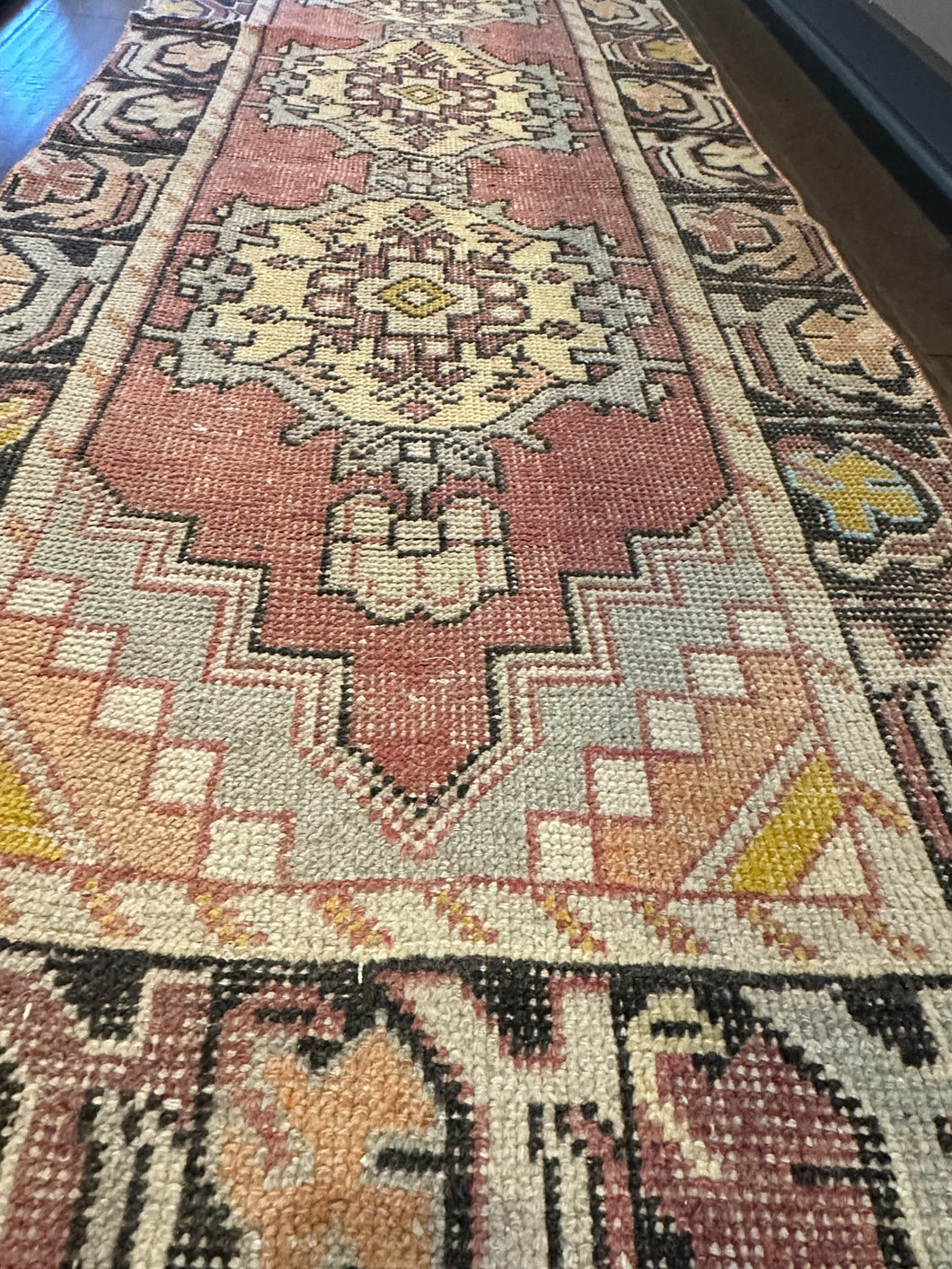 Vintage Turkish Mauve, Blue and Black Runner Rug