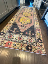 Load image into Gallery viewer, Vintage Turkish Rug Yellow, Mauve and Black Floral Runner Rug
