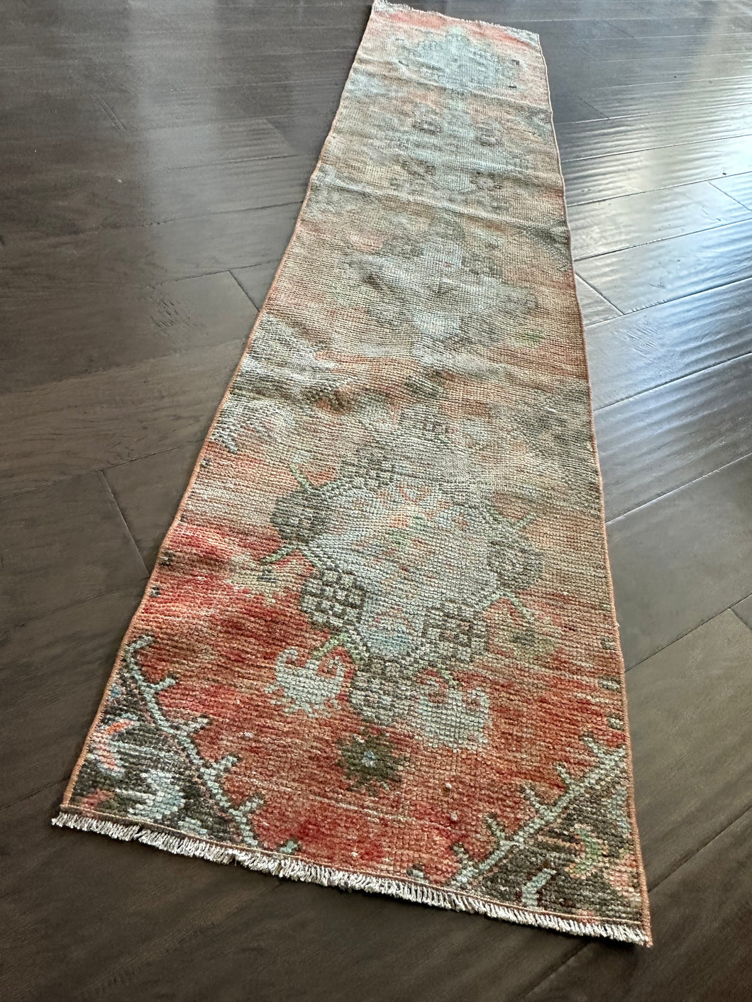 Vintage Turkish Coral, light blue and green Runner Rug