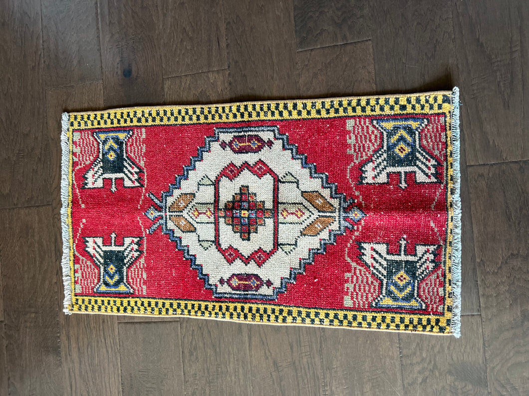 Vintage Turkish Red, Navy and Yellow Ruggie Rug