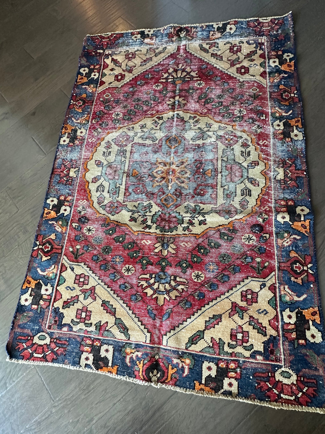 Vintage Turkish Red and Blue Accent Rug