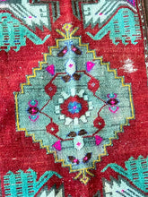 Load image into Gallery viewer, Vintage Turkish Red, Gray and Turquoise Ruggie Rug
