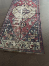 Load and play video in Gallery viewer, Vintage Turkish Navy and Deep red Runner Rug
