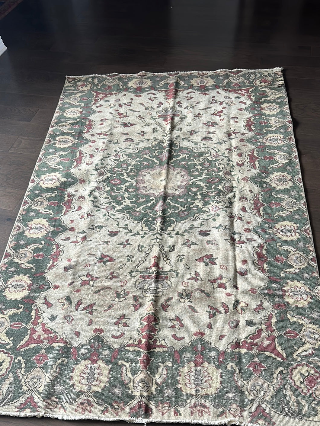 Vintage Turkish Neutral Green and Brick Red Area Rug