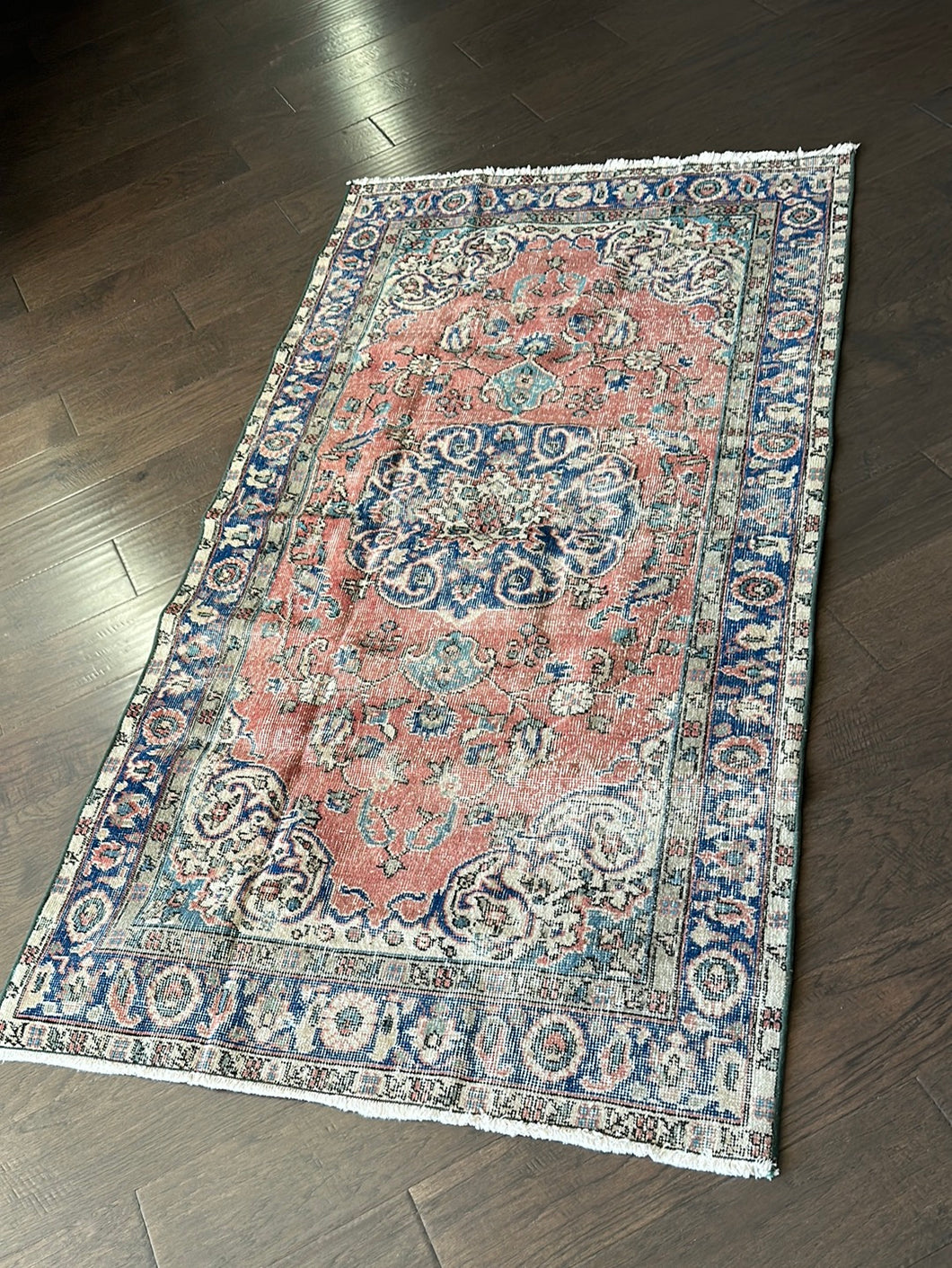 Vintage Turkish Faded Brick and Blue Runner or Accent Rug