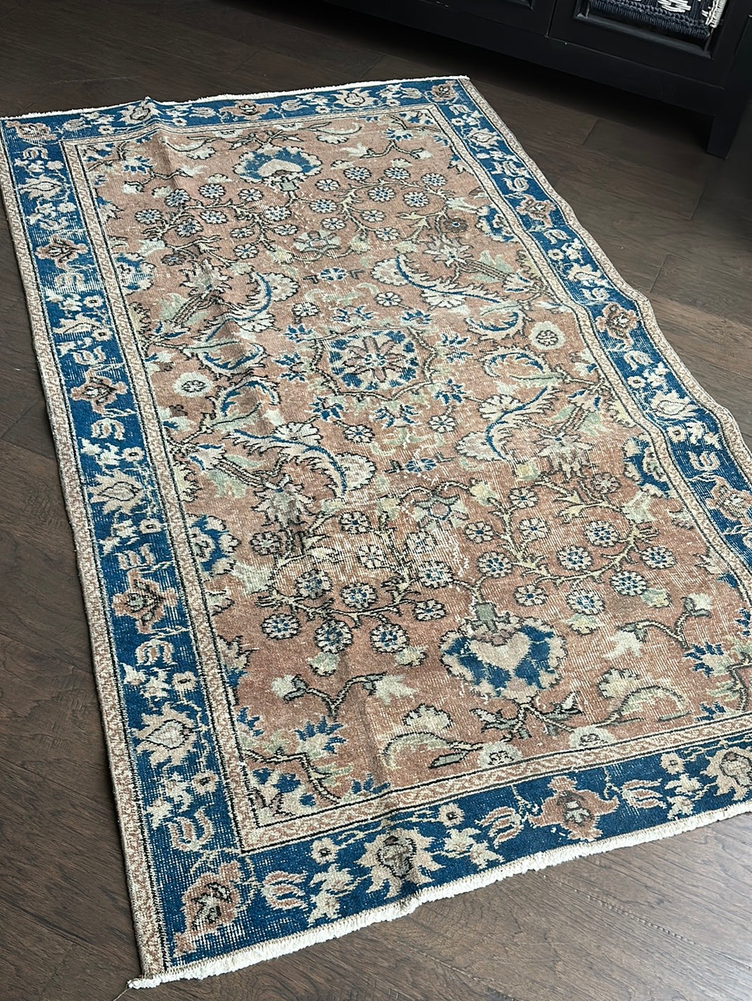 Vintage Turkish Taupe and Blue Runner Accent Rug
