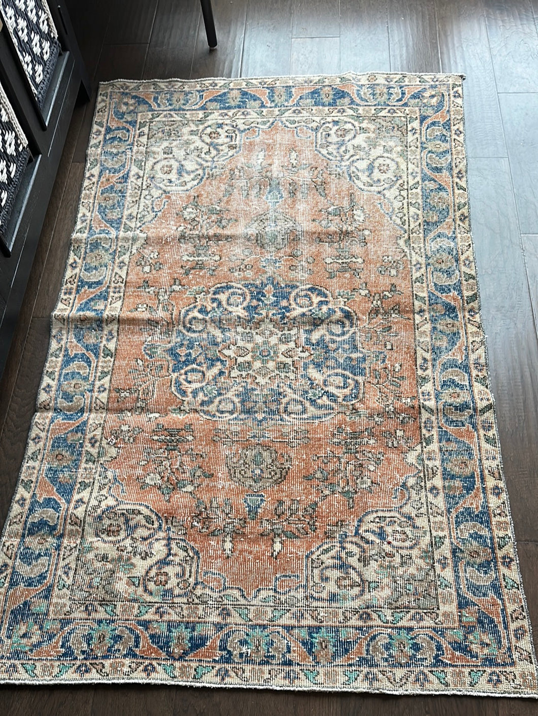 Vintage Turkish Rust and Blue Runner Accent Rug